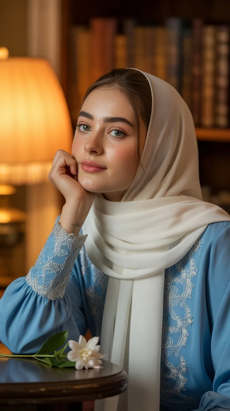 AI image: Cinematic Portrait of a Young Woman in White Hijab and Blue Lace Dress