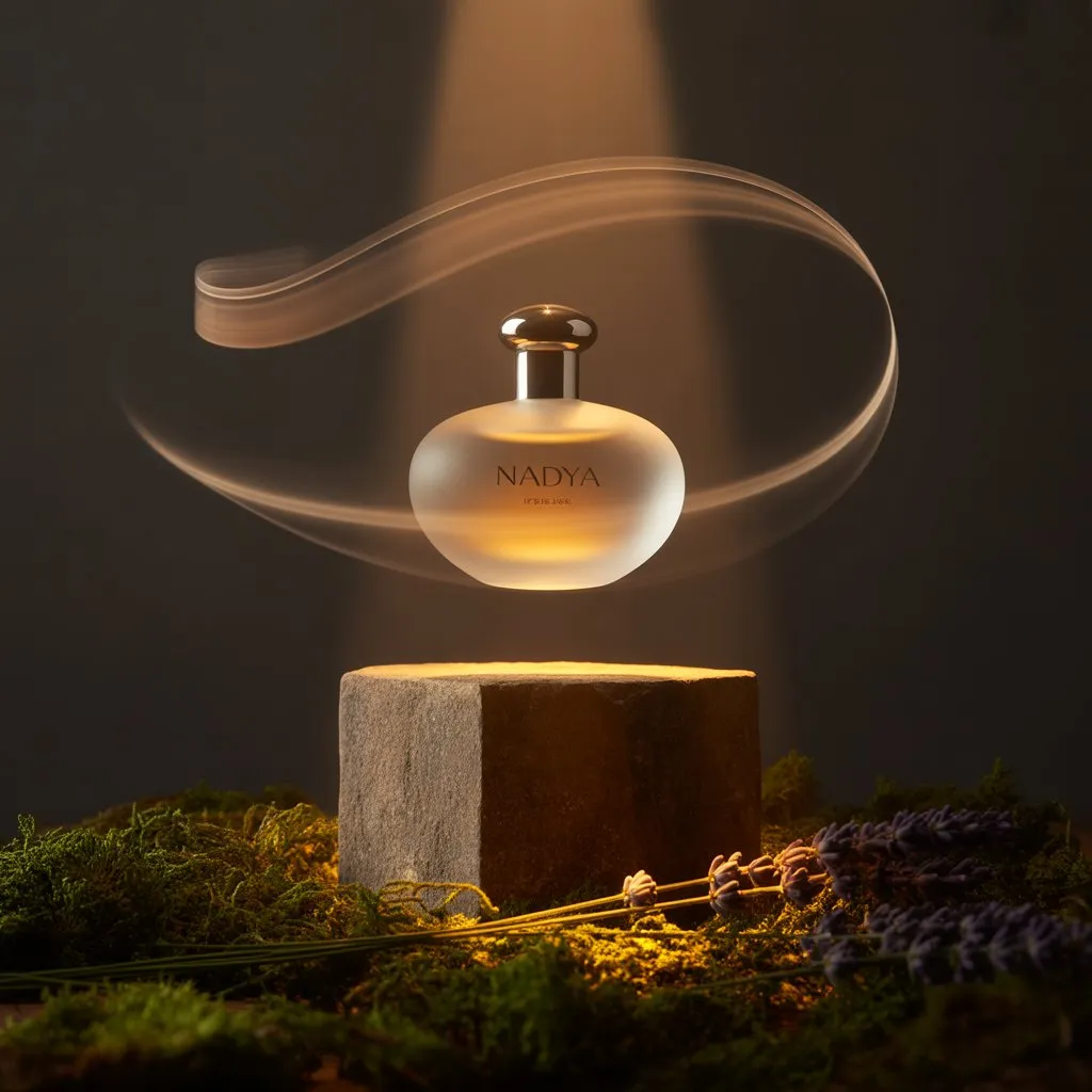 AI image: Minimalist NADYA Perfume Bottle on Stone Pedestal with Amber Mist